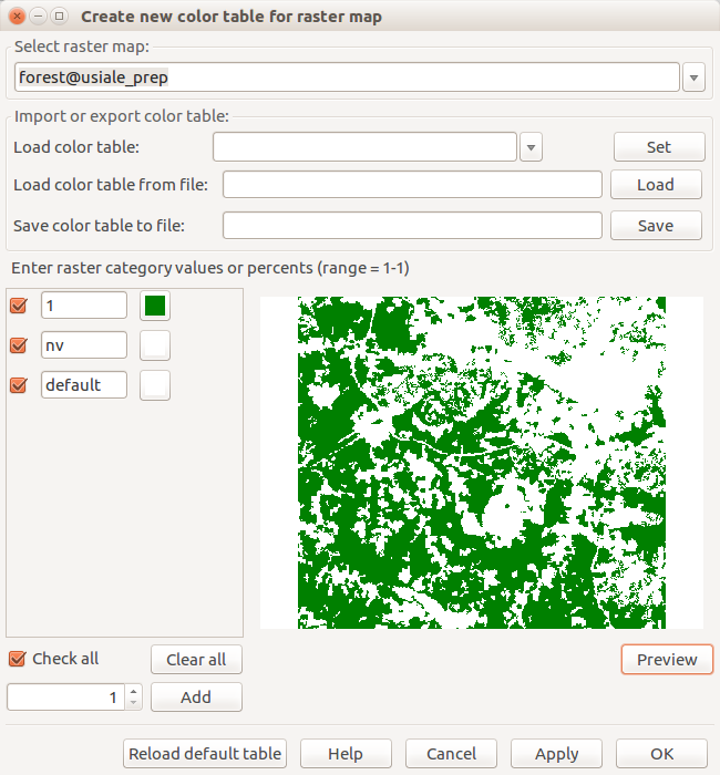 Definiendo el color verde para el mapa ráster de bosque (Click derecho en la capa de mapa ráster, seleccione Establecer paleta de colores interactivamente).