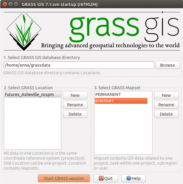 GRASS GIS 7.0.3 startup dialog with downloaded Location and Mapsets for FUTURES workshop