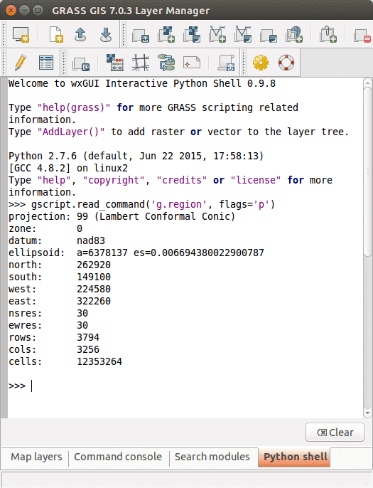 Pestaña Python con una consola de Python interactiva.