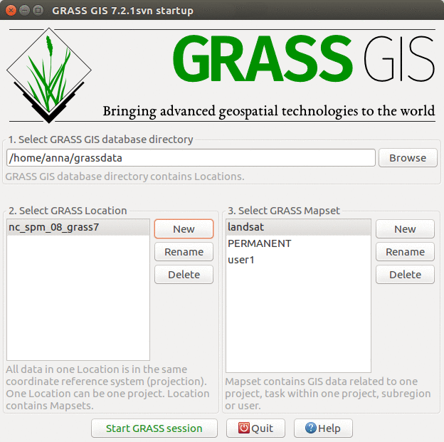 GRASS GIS 7.2 startup dialog with North Carolina sample dataset