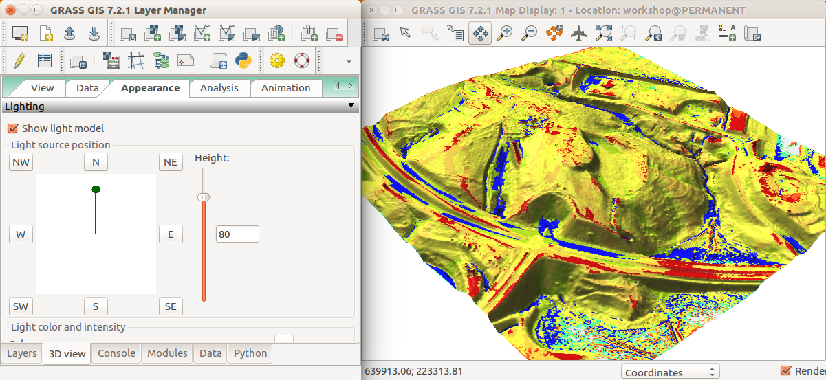 Landforms over the DSM in 3D: The light source position is changed in the Appearance tab.