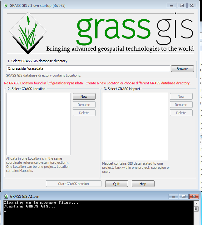 Initial GRASS startup screen on Windows