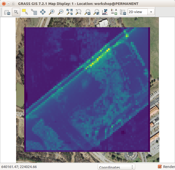 Lidar point count per cell using r.in.lidar with 10 m cells (resolution=10) and -e flag