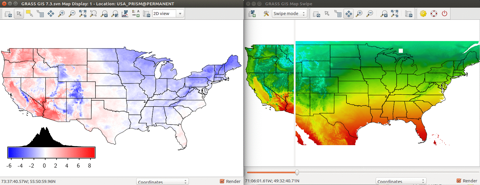 Comparison of PRISM annual mean temperature and modeled temperature based on latitude and elevation. Left: Difference between modeled and real temperature in degree Celsius. Right: Using Map Swipe to visually assess the model (modeled temperature on the right side).