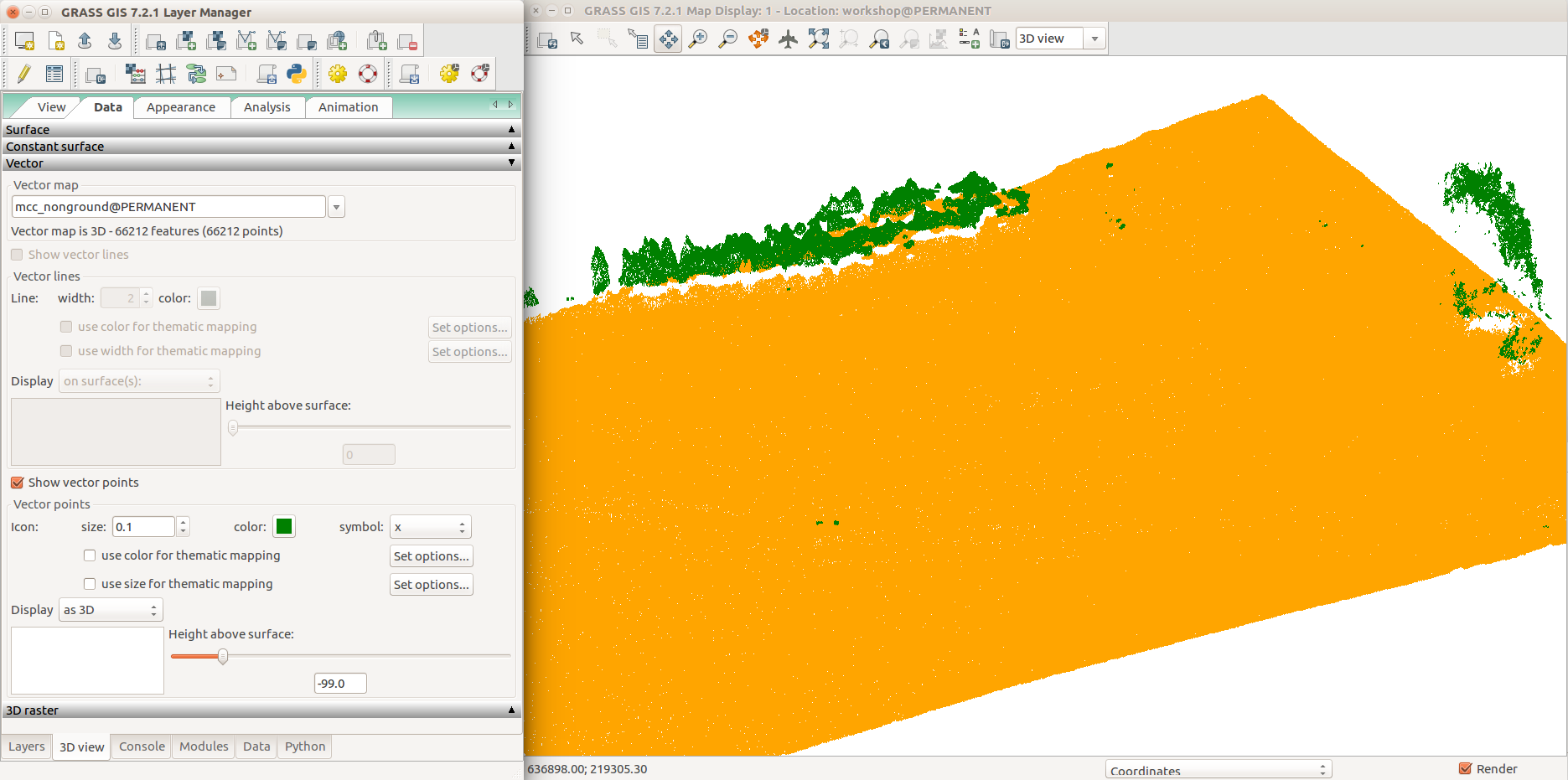 UAV point cloud classified to group points (orange) and non-ground points cloud (green).