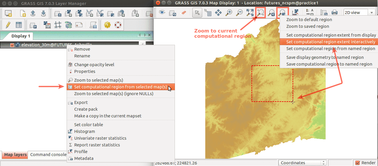 Simple ways to set computational region from GUI: On the left, set region to match raster map. On the right, select the highlighted option and then set region by drawing rectangle.