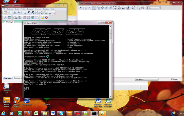 Start WinGRASS 7, bring the WinGRASS-windows console in front and type R gui for opening a R-session (GUI mode) inside a GRASS-session.