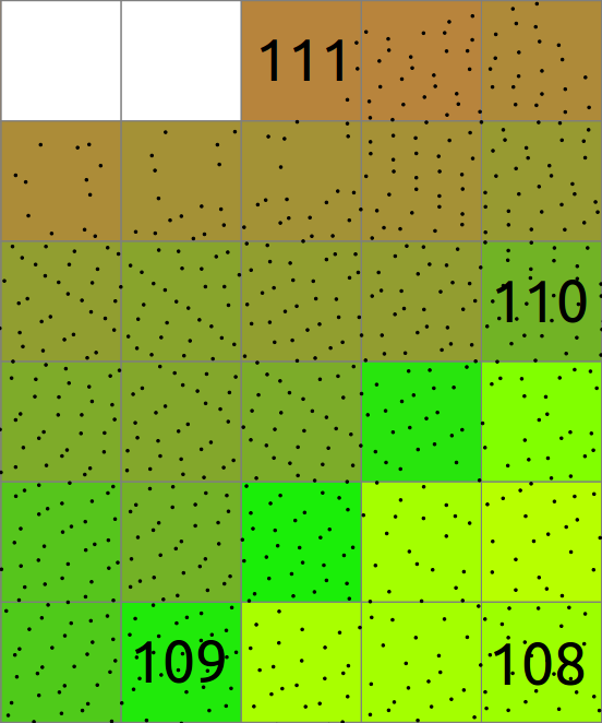 En general el almacenado (binning) involucra también los valores asociados con los puntos y el cálculo de estadísticos de esos valores. Aquí la media de la coordenada Z de los puntos de cada celda es calculado y guardado en el ráster. La celda sin puntos son NULL (NoData, Sin datos), se muestra en color blanco.