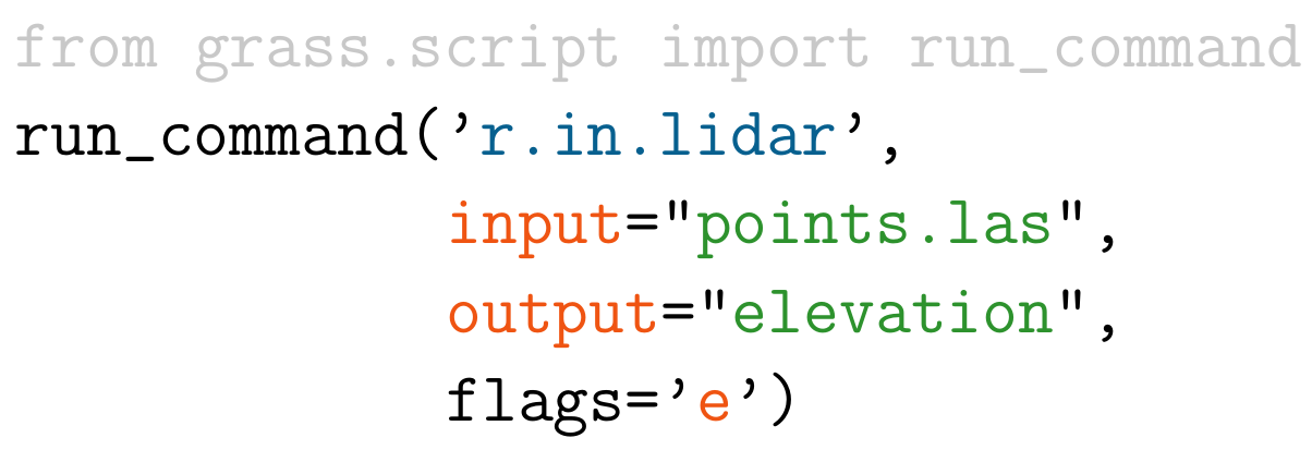 Ejemplo del comando r.in.lidar en Python señalado el nombre del módulo (azul), opciones y banderas (rojo) y opciones de valores (verde) y el comando import (gris)