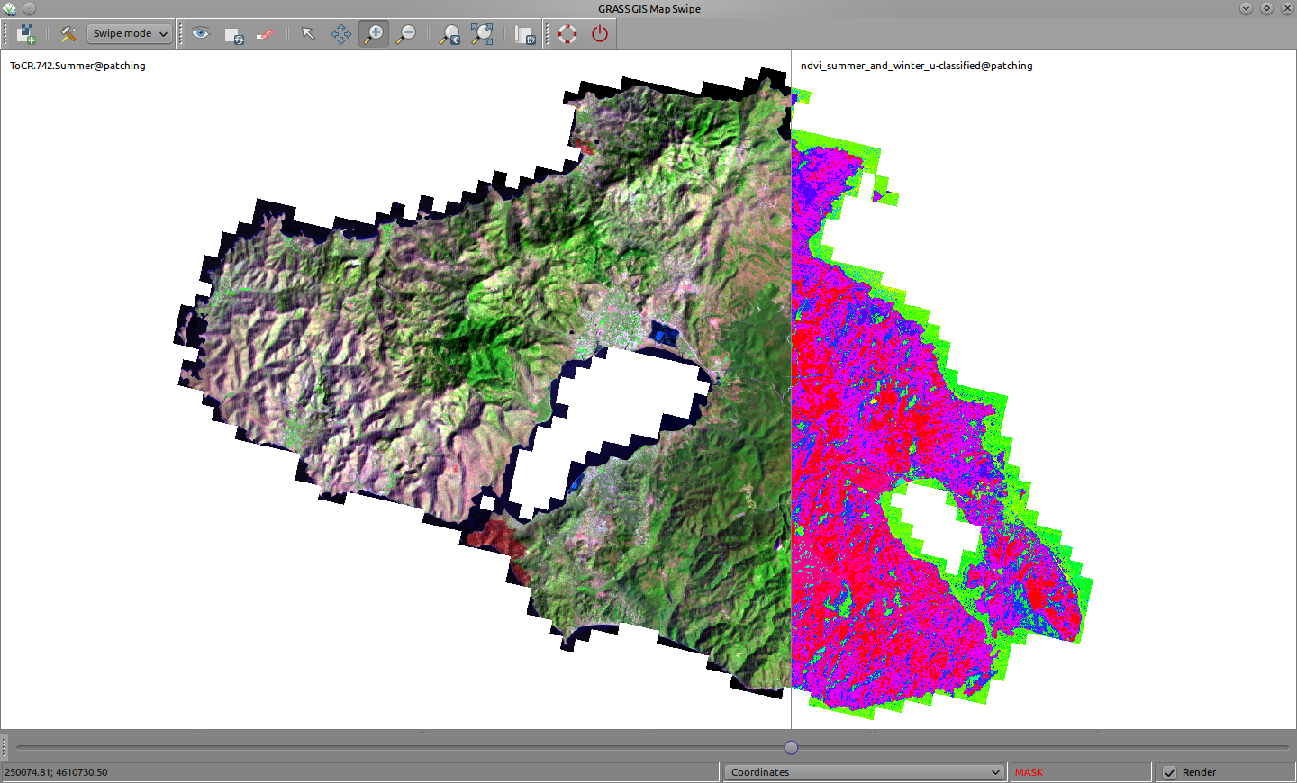 File:Grassgis swiping landsat rgb 743 and unsupervised classification of a bitemporal ndvi lesvos aegean sea greece.png