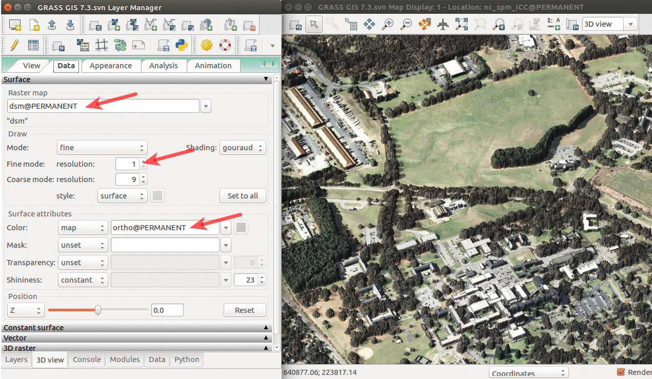 3D visualization of DSM with orthophoto draped over: arrows pointing to the name of the surface, resolution used for its display, and raster used as its color.