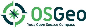 Light and dark green logo of OSGeo saying Your Open Source Compass