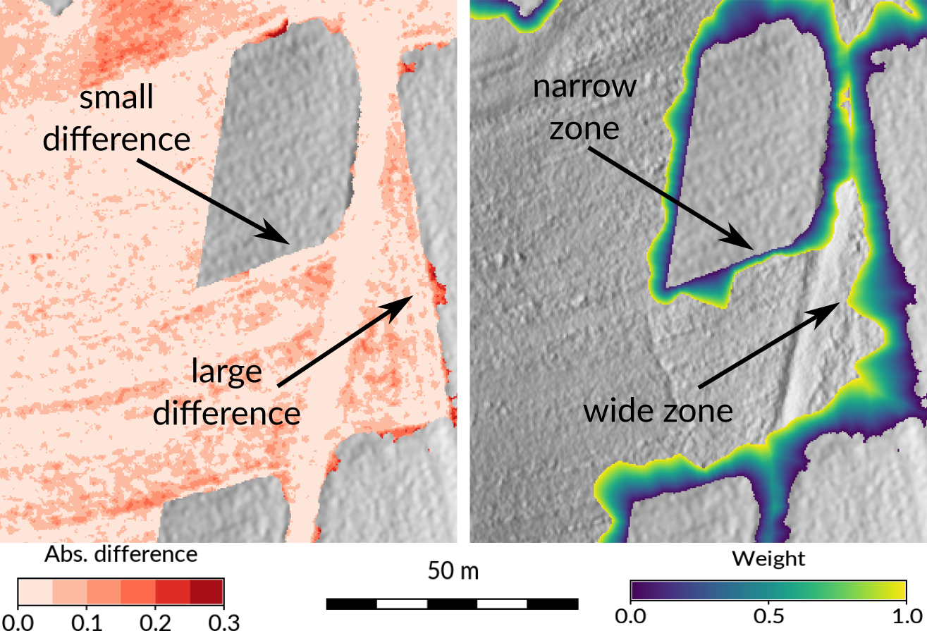 Seamless fusion of high-resolution DEMs from multiple sources with r.patch.smooth: example of computing overlap zone for fusion