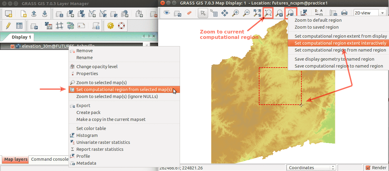 Modos sencillos para definir la región computacional desde la GUI. A la izquierda, definir la región para que sea igual a un mapa ráster. A la derecha, seleccionar la opción señalada y luego defina la región dibujando un rectángulo.