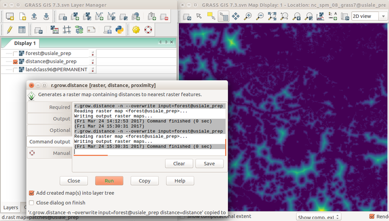 r.grow.distance dialog and the resulting distance to forest edge in the background