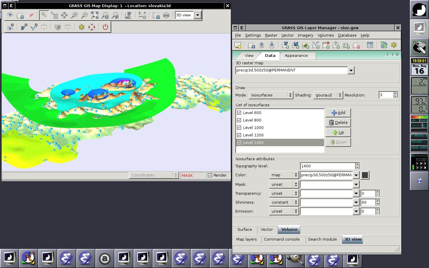 Mostrar rásters (superficie), vectoriales 2D y ráster 3D (volumen) en el espacio 3D (2010-08-16).